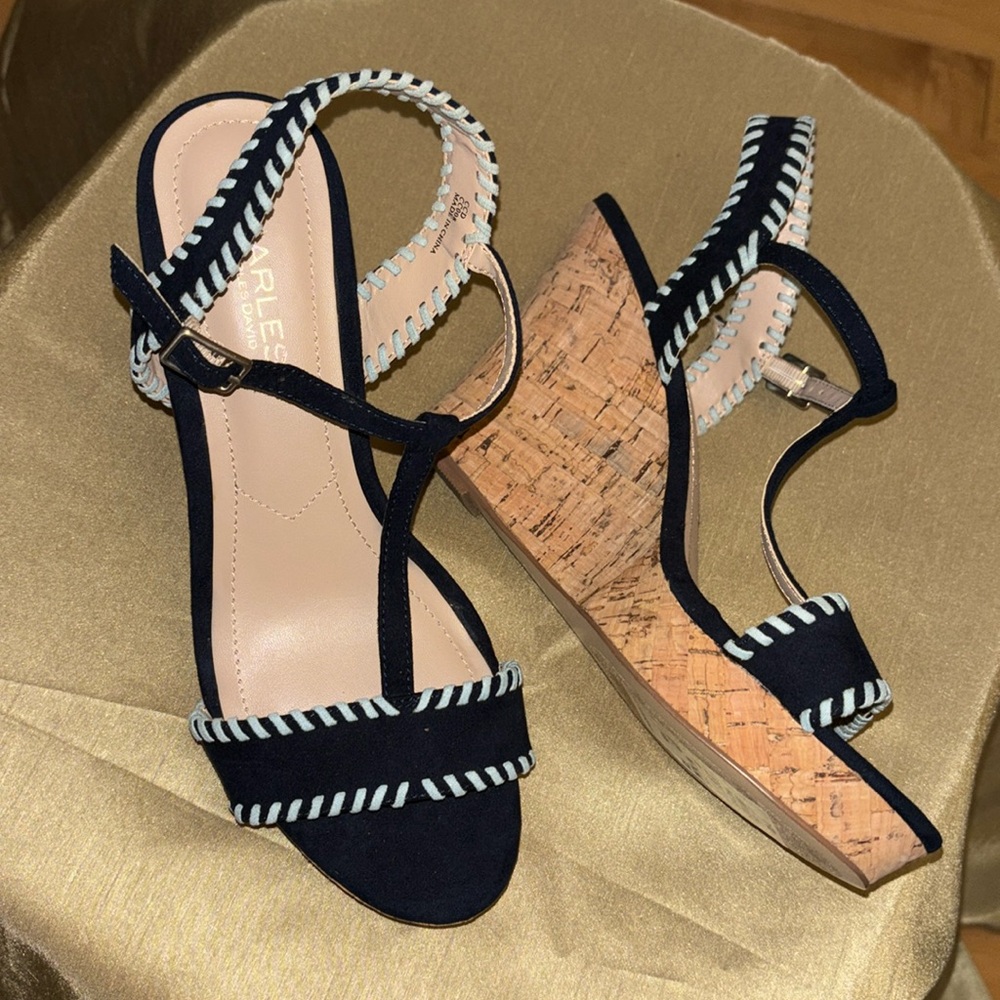 Charles David Wedge Heel Cork Ankle T-Strap Platform Sandals Size 8.5M